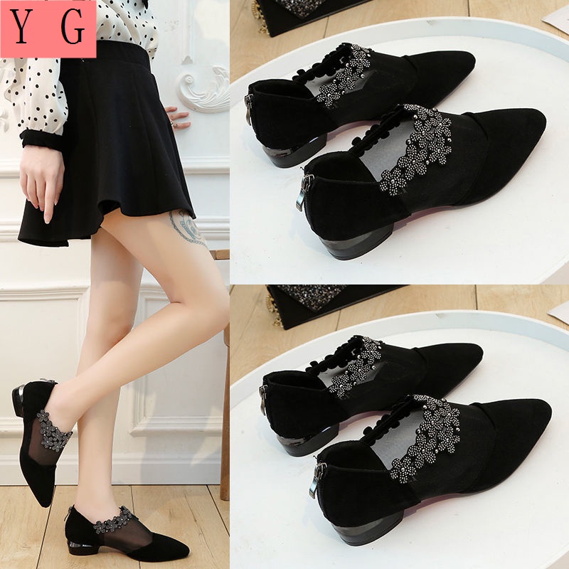 Giày Da Lộn Mũi Nhọn Gót Dày Thấp Đính Đá Phong Cách Anh Quốc Thời Trang Cho Nữ 2022 4243