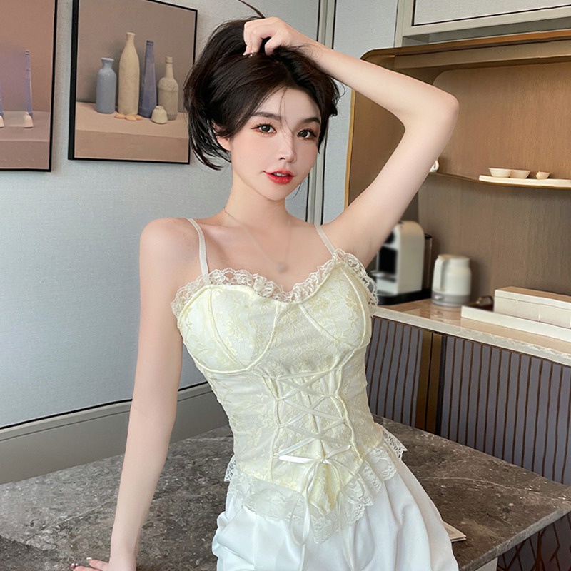 Áo Croptop Hai Dây Phối Ren Phong Cách Hàn Quốc Dành Cho Nữ