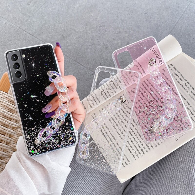 Ốp Điện Thoại Lấp Lánh Có Dây Vòng Tay Cho Samsung Galaxy S21 Ultra Plus S20 FE Ultra 5G S10 S9 Plus