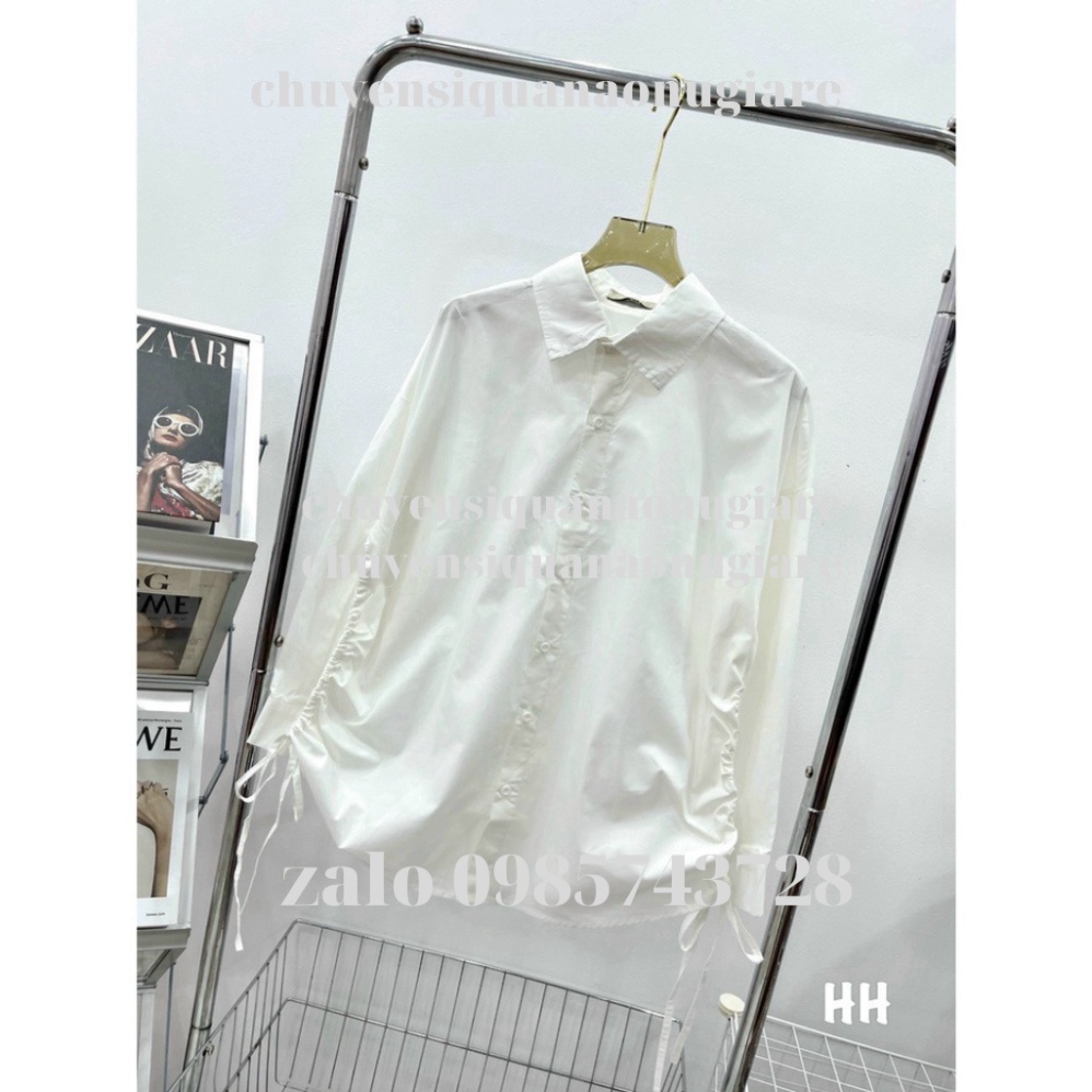áo sơ mi tay bồng rút eo 2 màu trắng hồng HA00055 chuyensiquanaonugiare