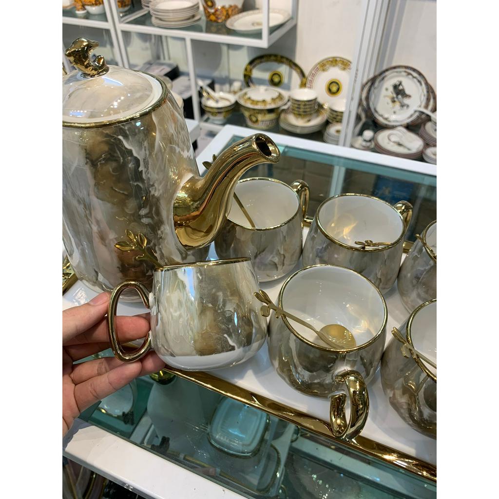 [ĐẶC BIỆT] Bộ trà ấm chén sứ vân đá tặng kèm 6 muỗng cafe. bộ tách pha trà màu vân ghi phong cách hiện đại
