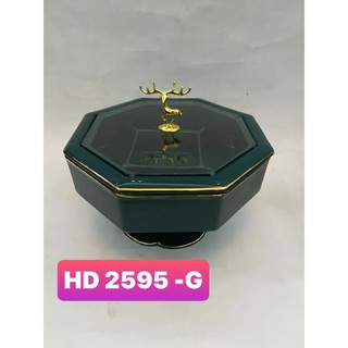 Khay mứt xanh bằng sứ nắp kính hình hươu cầm tay có chân xoay sang trọng