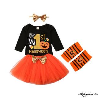 ❤Bộ Áo Liền Quần + Chân Váy Tutu Họa Tiết Bí Ngô Hóa Trang Halloween Cho Bé Gái 1 Tuổi