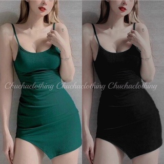 Đầm body hai dây xẻ tà nữ 2 màu xanh đen - Chuchaclothing