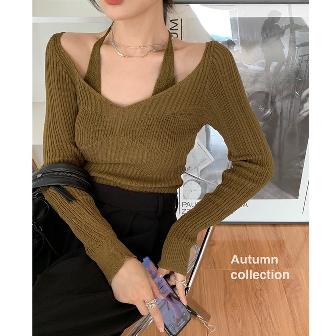 QADCOL Áo sweater dệt kim tay dài dáng ôm thiết kế độc đáo thời trang gợi cảm dành cho nữ