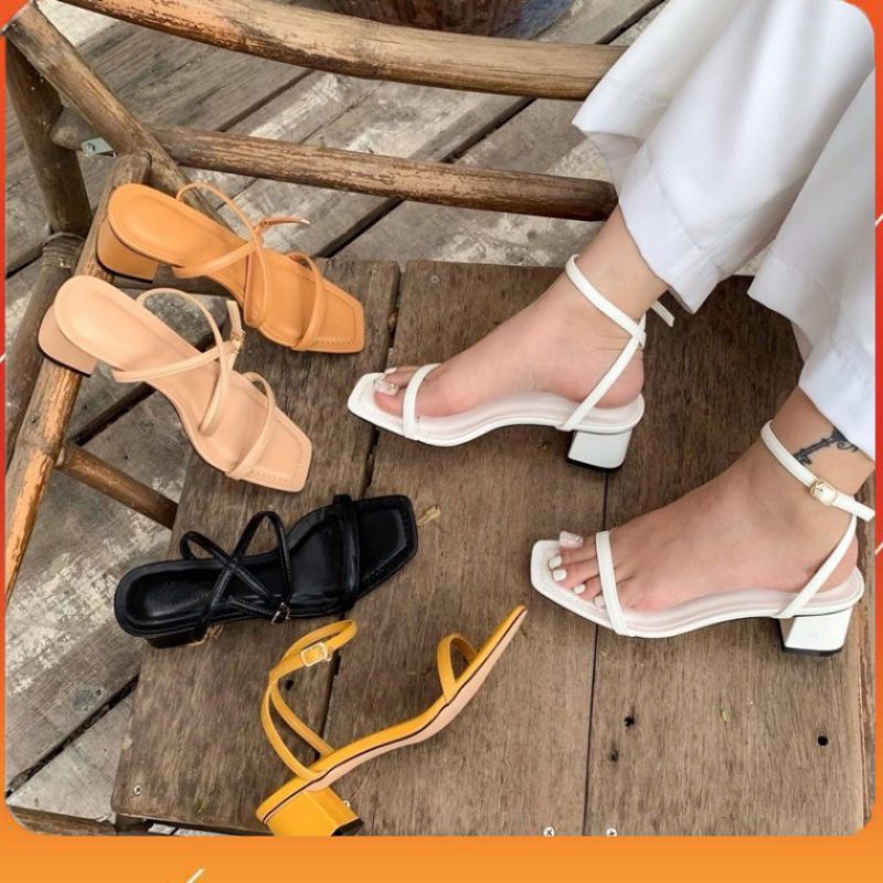 DAISY SHOES _ Giày Sandal Mũi Vuông Da Mềm Dây Mảnh Gót Vuông Hậu Chéo - S21