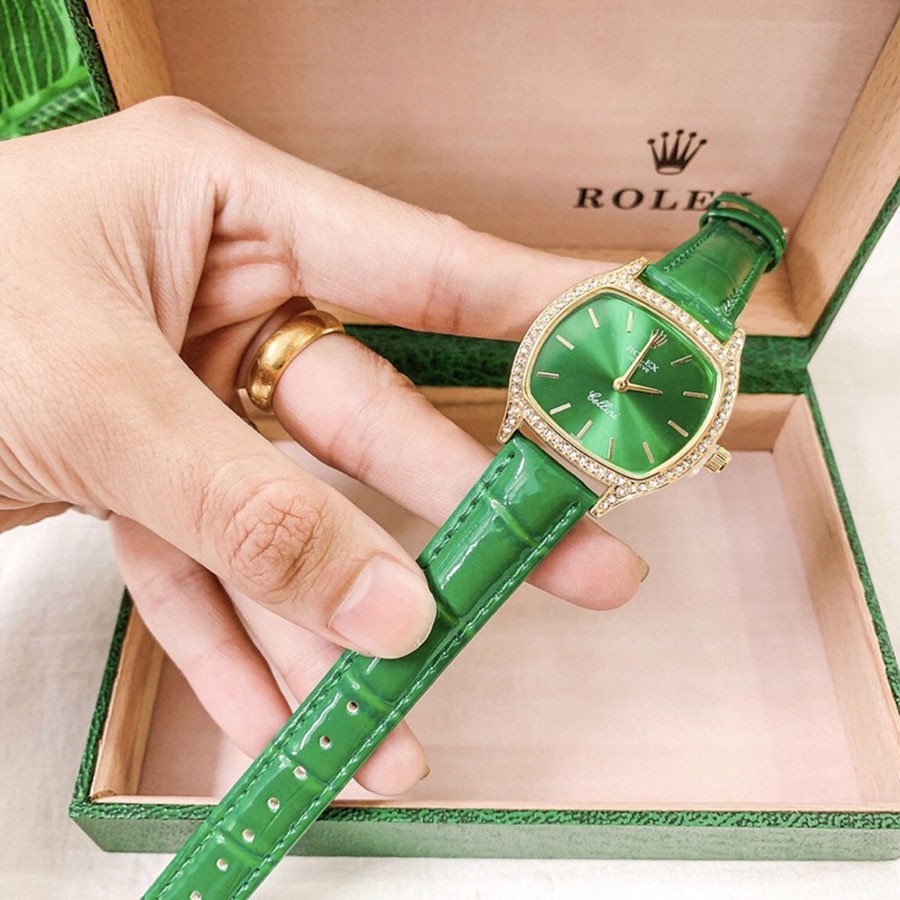 Đồng hồ nữ rolex mặt vuông đính đá dây da cao cấp - bảo hành 12 tháng