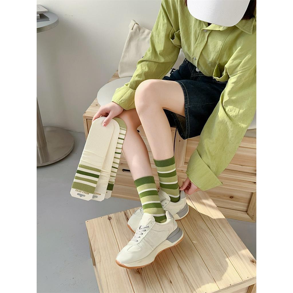 Vớ Cotton Cổ Cao Màu Xanh Lá Phong Cách Thể Thao Thời Trang Xuân Hè Hàng Mới 61510