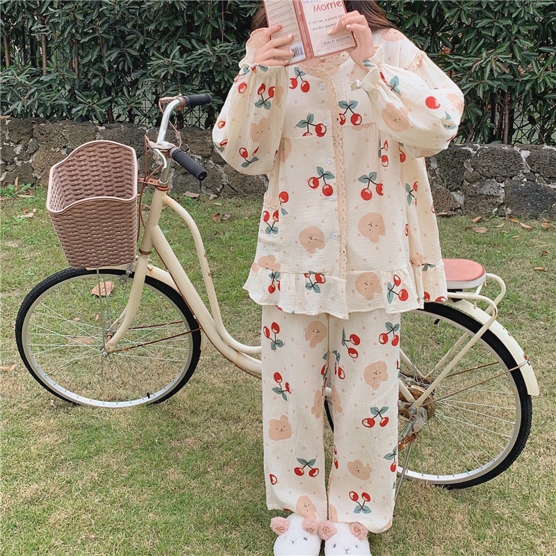 Bộ Đồ Ngủ Pijama Dài Tay Cổ Tròn In Họa Tiết Hoa Kiểu Nhật Bản Thời Trang Xuân Thu Cho Nữ DN042 Con Đỏng Đảnh