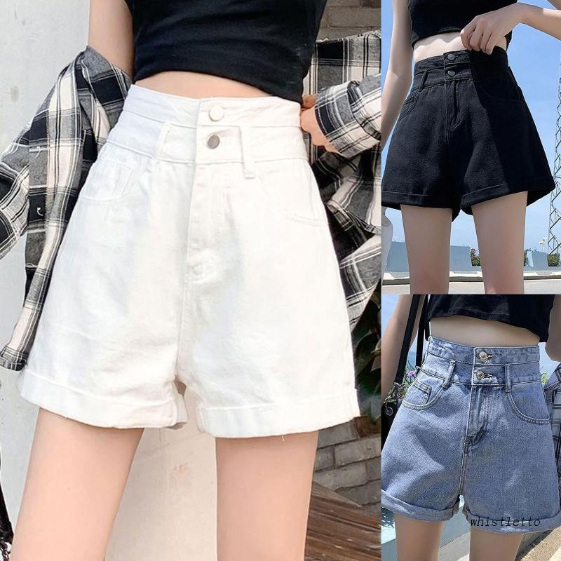 Quần Short Jean Chữ A Lưng Cao Ống Rộng Cài Hai Hàng Nút Thời Trang Mùa Hè Cho Bạn Gái