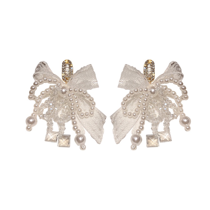 Khuyên tai bạc 925 phối nơ đính đá zircon và ngọc trai nhân tạo thời trang