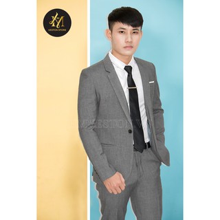 Bộ vest nam 1 nút màu xám đậm tặng kèm cà vạt nơ