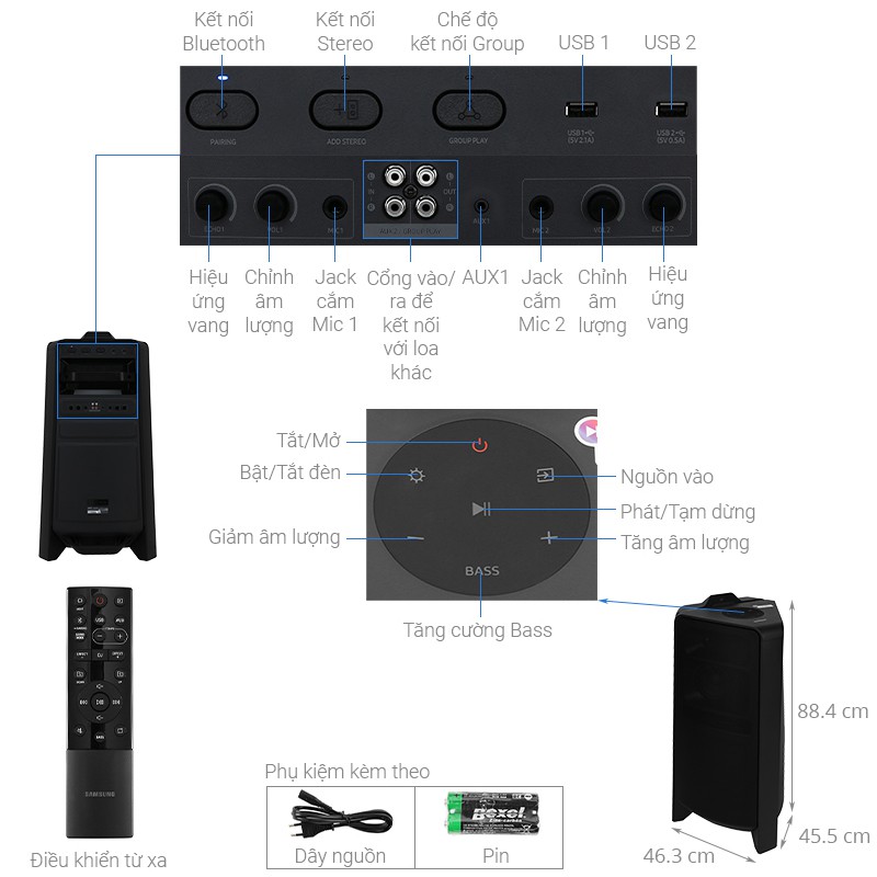 Loa Tháp Samsung MX-T70/XV công suất 1500 W với tính năng Bass Booster. Kết nối Analog, USB, Có kèm remote