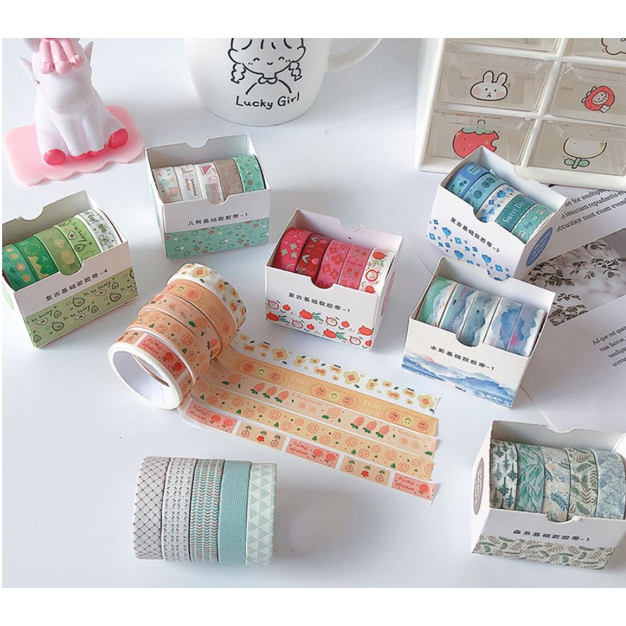 Set 5 cuộn băng dính washi dễ thương thích hợp trang trí sổ, dụng cụ học tập SUNNYSTORE