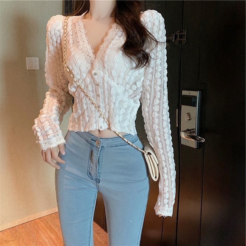 áo ren dài tay hoa nổi cổ v khuy ngọc