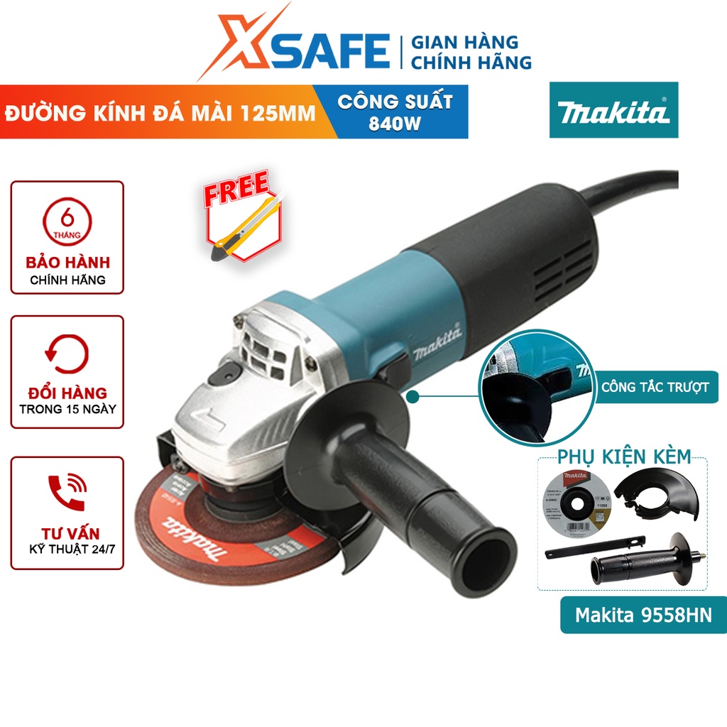 Máy mài góc cầm tay Makita 9558HN 840W công tắc trượt, tốc độ không tải 11000 rpm, khóa trục dễ thay đổi đĩa mài - xsafe