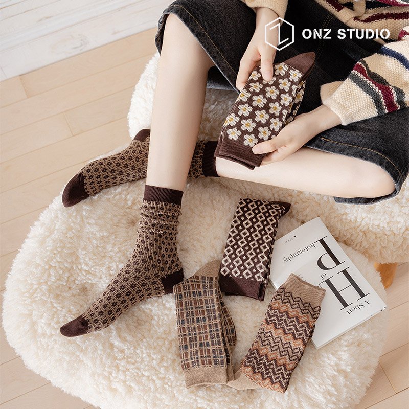 Vớ cotton ONZ Studio - SET 6 - Tất chân nam nữ cổ cao mềm mịn co giãn phong cách vintage TA05