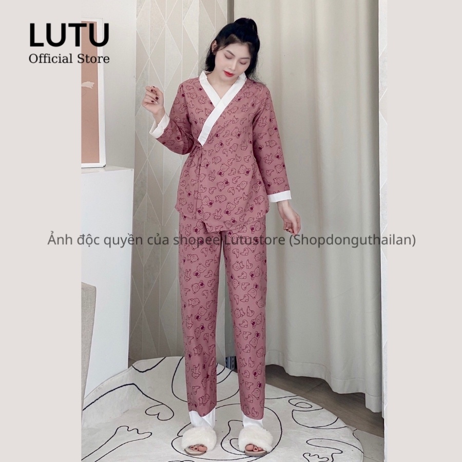 Bộ Pijama Kimono Dài Tay Phối Viền Họa Tiết Dễ Thương Chất Mềm Mịn