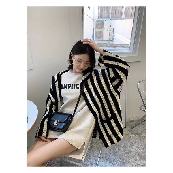 Áo Khoác Cardigan Dệt Kim Tay Dài Cổ Chữ V Hoạ Tiết Kẻ Sọc Thời Trang Mùa Thu Cho Phái Nữ