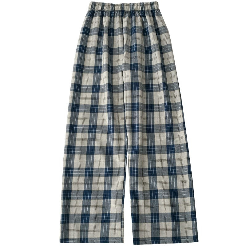 Korean Style Women Casual High Waist Loose Slim All-match Plaid Long Wide Leg Straight Pants Palazo