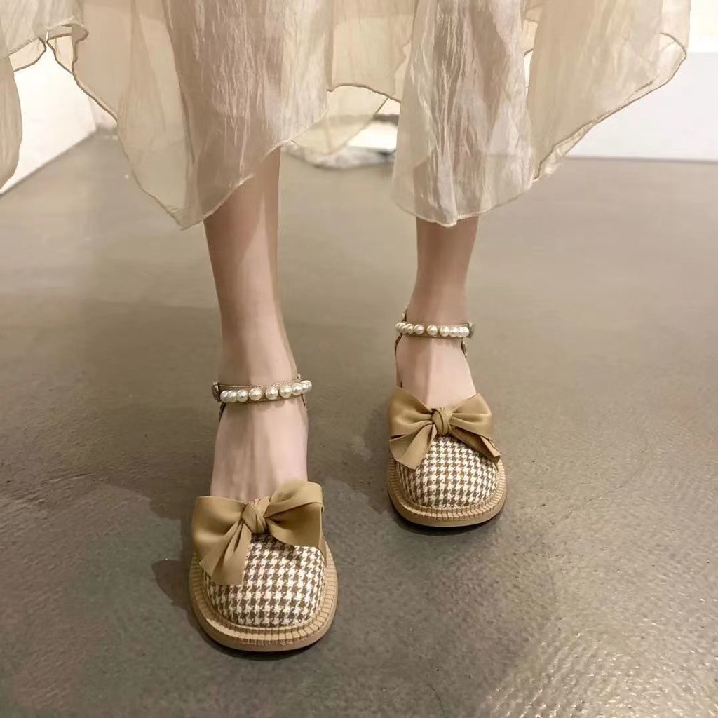 2022 Giày Mary Jane Gót Dày Đính Nơ Ngọc Trai Chống Trượt Thoải Mái Dễ Phối Đồ Giày cao gót