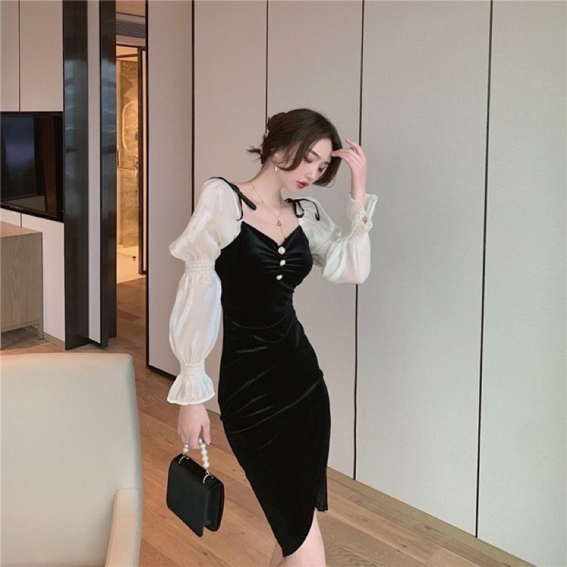 Đầm nhung phối tay voan koreastyle
