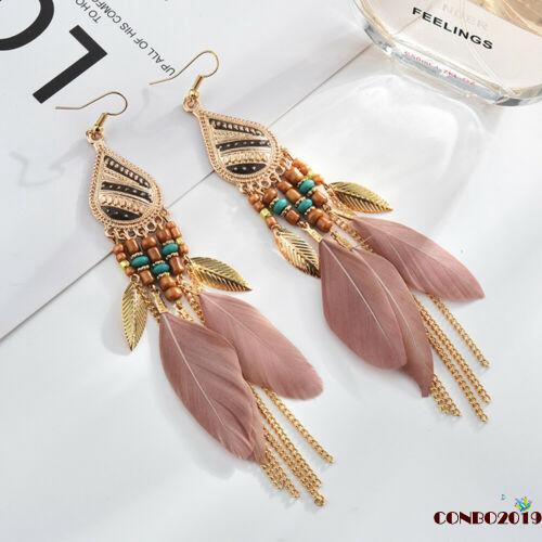 Đôi khuyên tai dài gắn lông vũ phong cách boho thời trang cho nữ