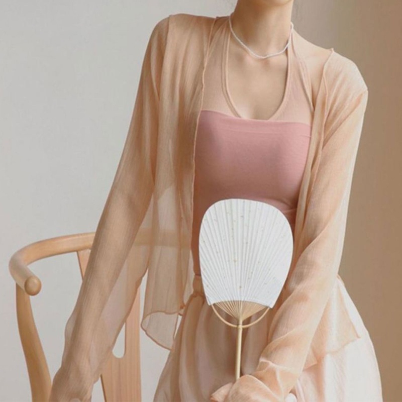 Áo Khoác Cardigan Tay Loe Dài Bằng Lụa Lạnh Mỏng Nhẹ Che Phủ Phía Trước Cho Nữ