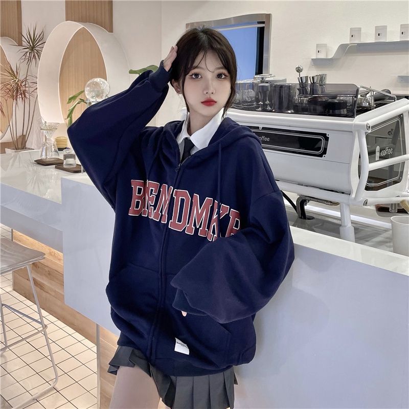 SUXI Áo Khoác Nữ Tay Dài Có Nón In Chữ Thời Trang