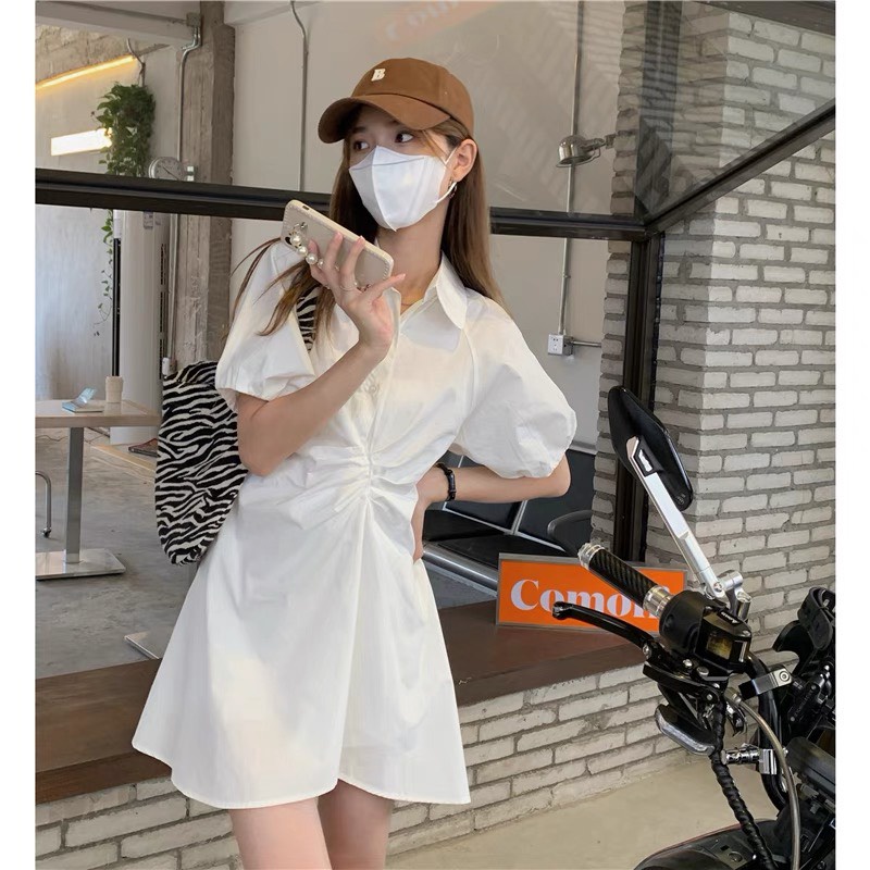 Váy sơ mi nhún chất thô mềm mịn - Đầm trắng cổ bẻ phong cách Hàn Quốc