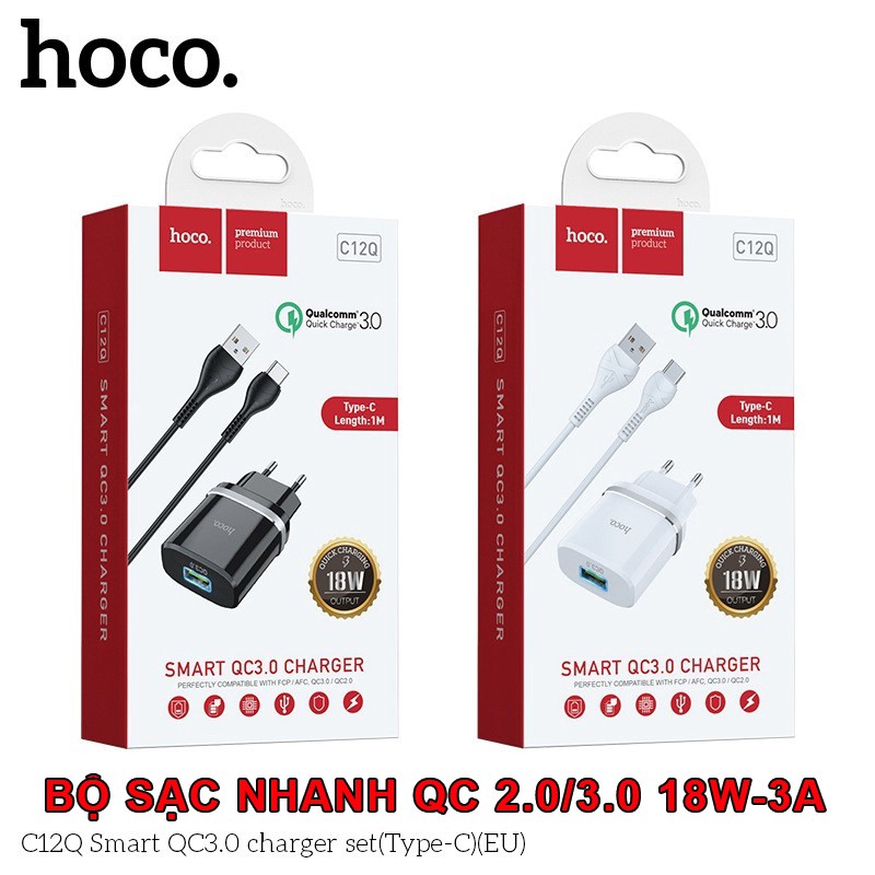⚡NowShip⚡ Bộ Cốc Sạc Nhanh 18W 3A HOCO C12Q  Hỗ Trợ QC 2.0 3.0 Dây Dài 1M Cổng Type C Cho Android SamSung Xiaome Huawei
