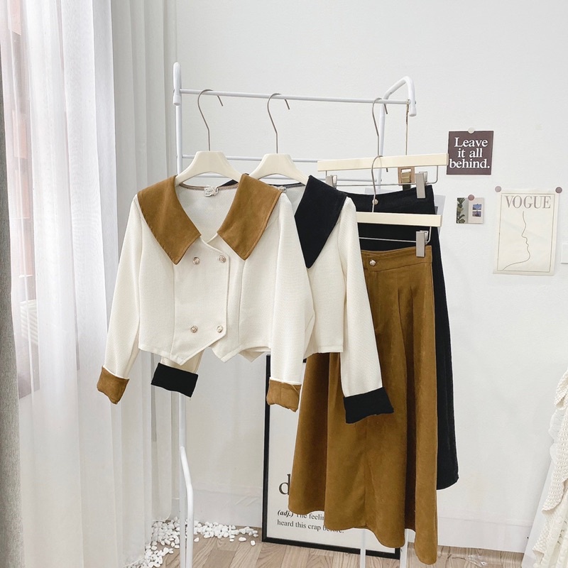 (A05)Set Áo dạ Pha cổ màu kèm chân váy nhung siêu xinh