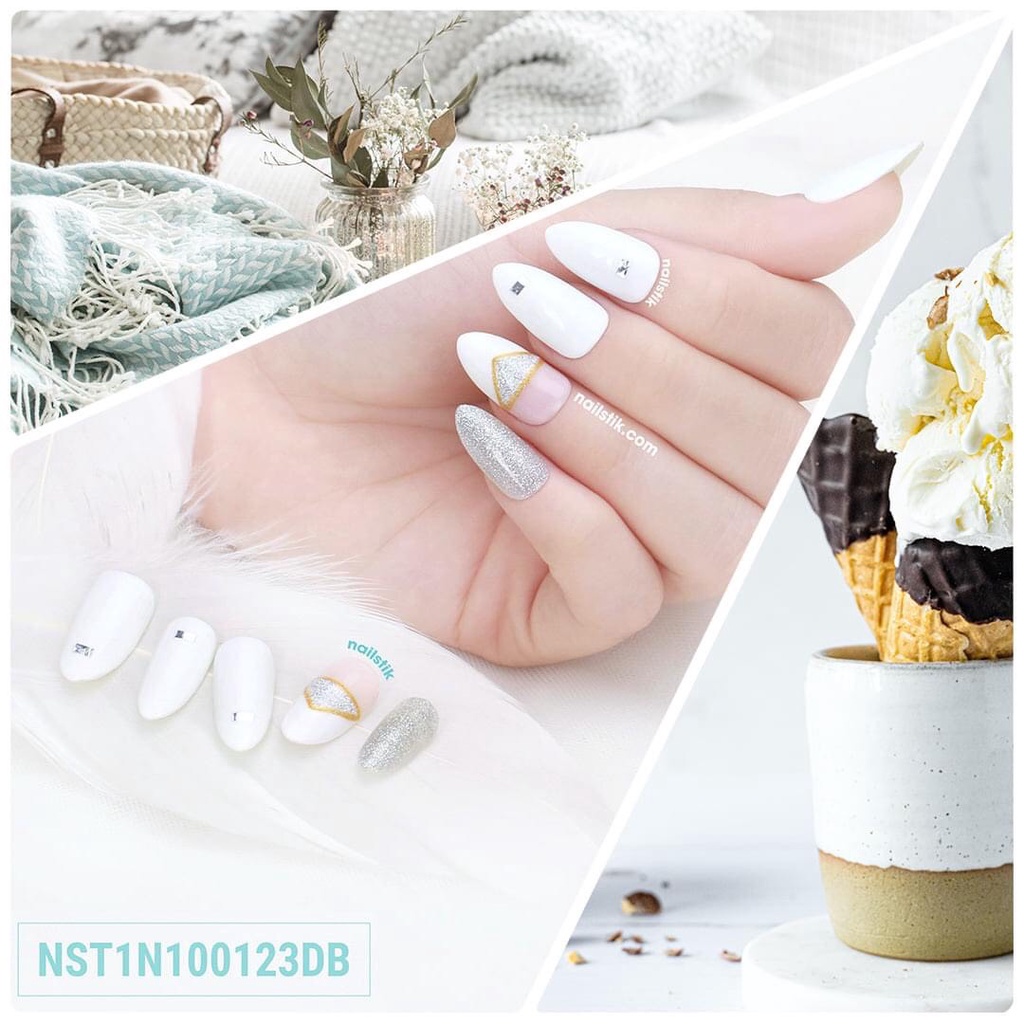 Móng úp thiết kế by NAILSTIK, màu trắng, form móng bầu, ngắn/dài, 123