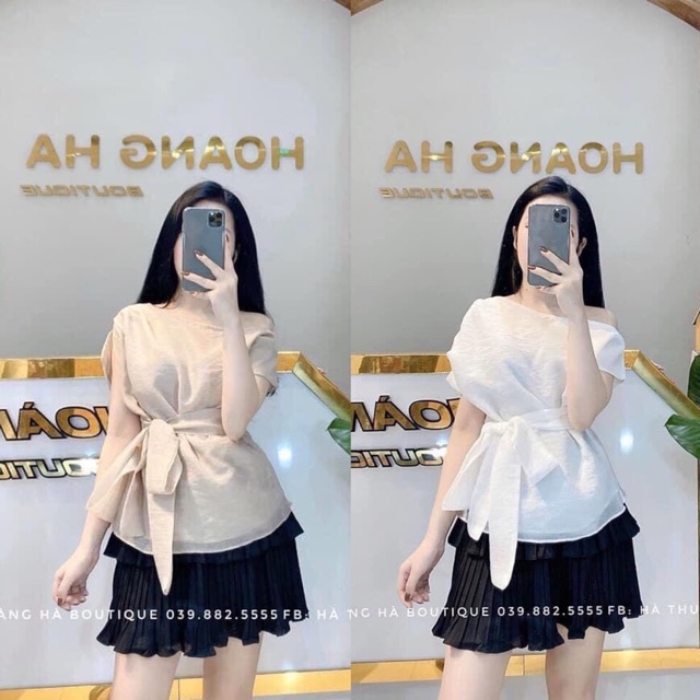 Áo lệch vai buộc nơ 2 màu