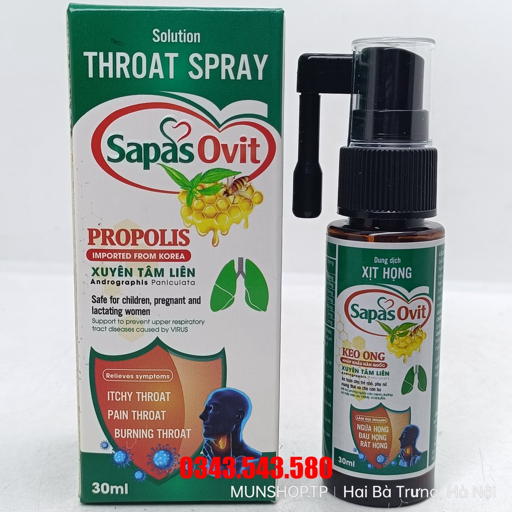Dung dịch xịt họng keo ong xuyên tâm liên Sapas Ovit 30ml
