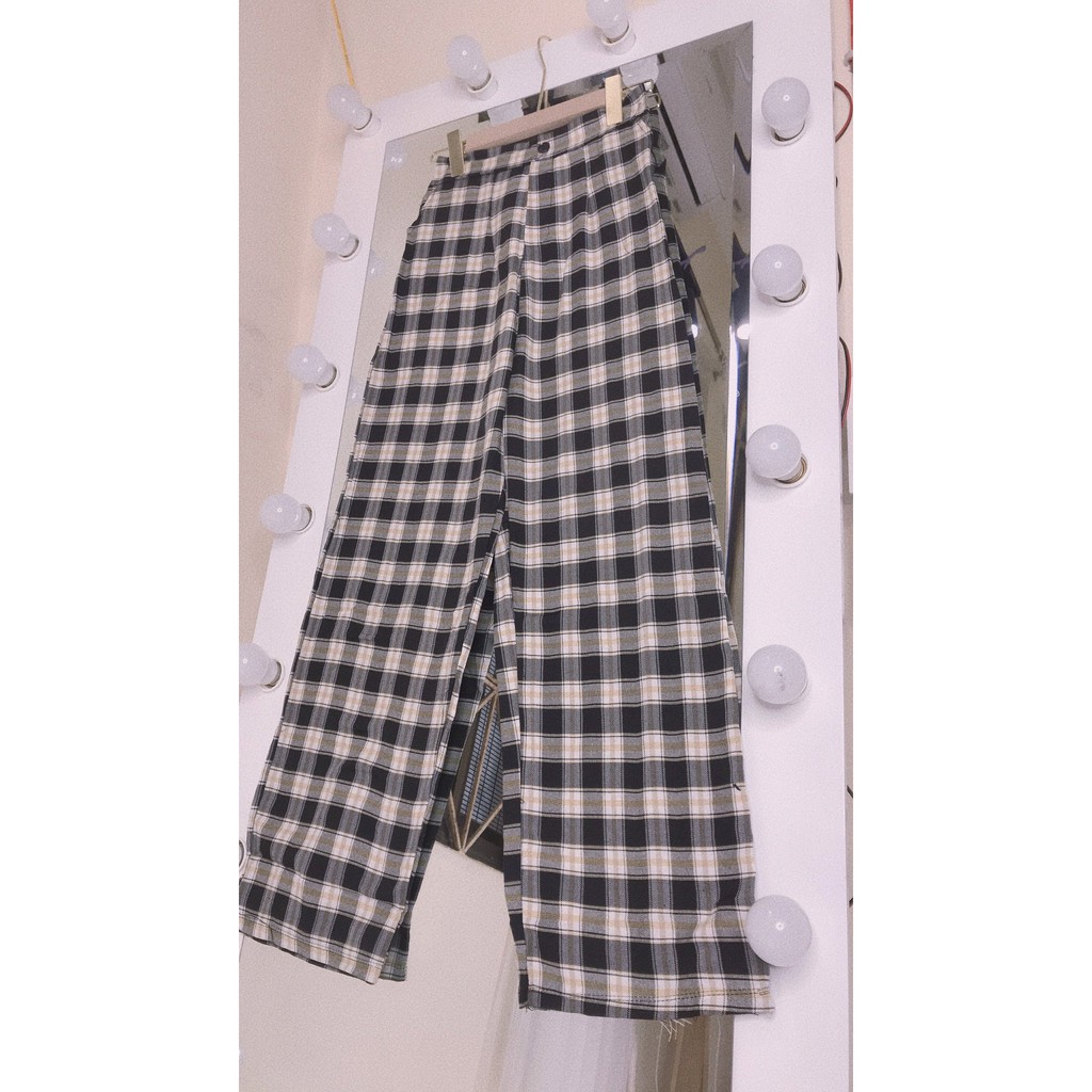 Quần kẻ caro giả cúc lưng thun cạp cao ống suông tôn dáng | BigBuy360 - bigbuy360.vn