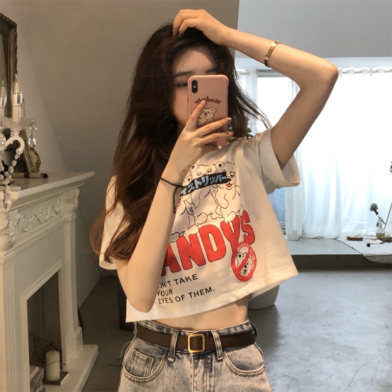 WANG JIAO ZHAN Áo Thun Ngắn Tay Eo Cao In Họa Tiết Phong Cách Hàn Quốc Cho Nữ 4 Lựa Chọn