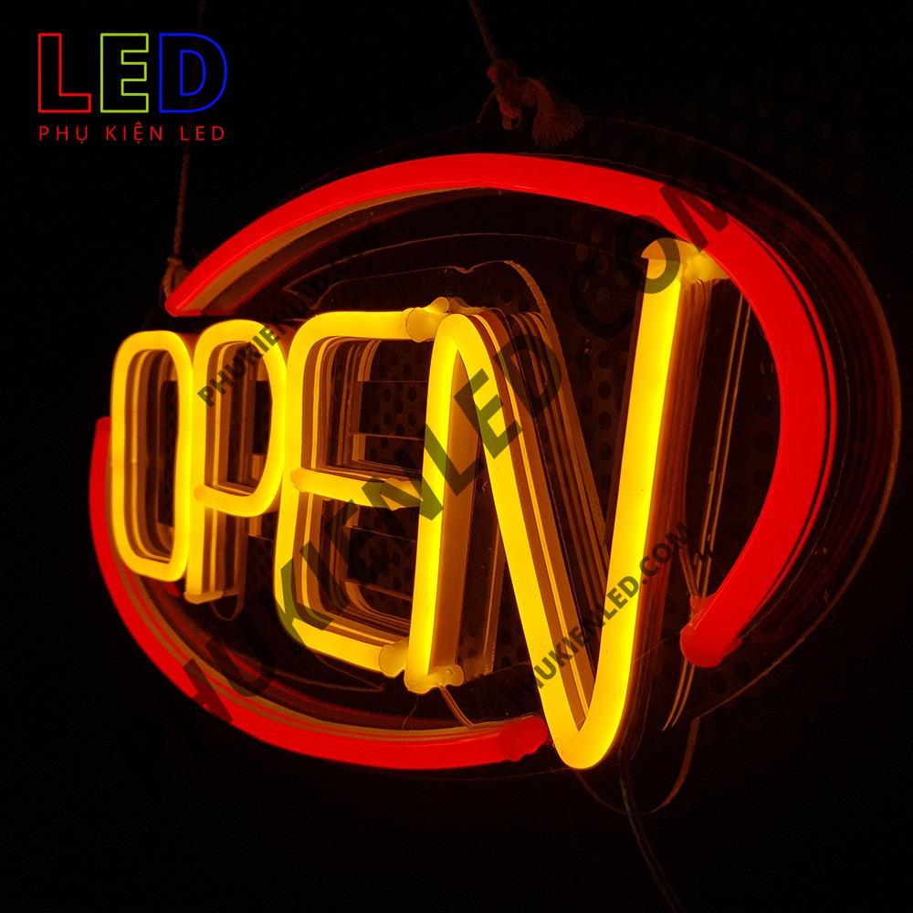 Đèn Led Neon Chữ Open hình oval - Open Len Neon Sign, Đèn Led Neon Open Trang Trí Cửa Hàng