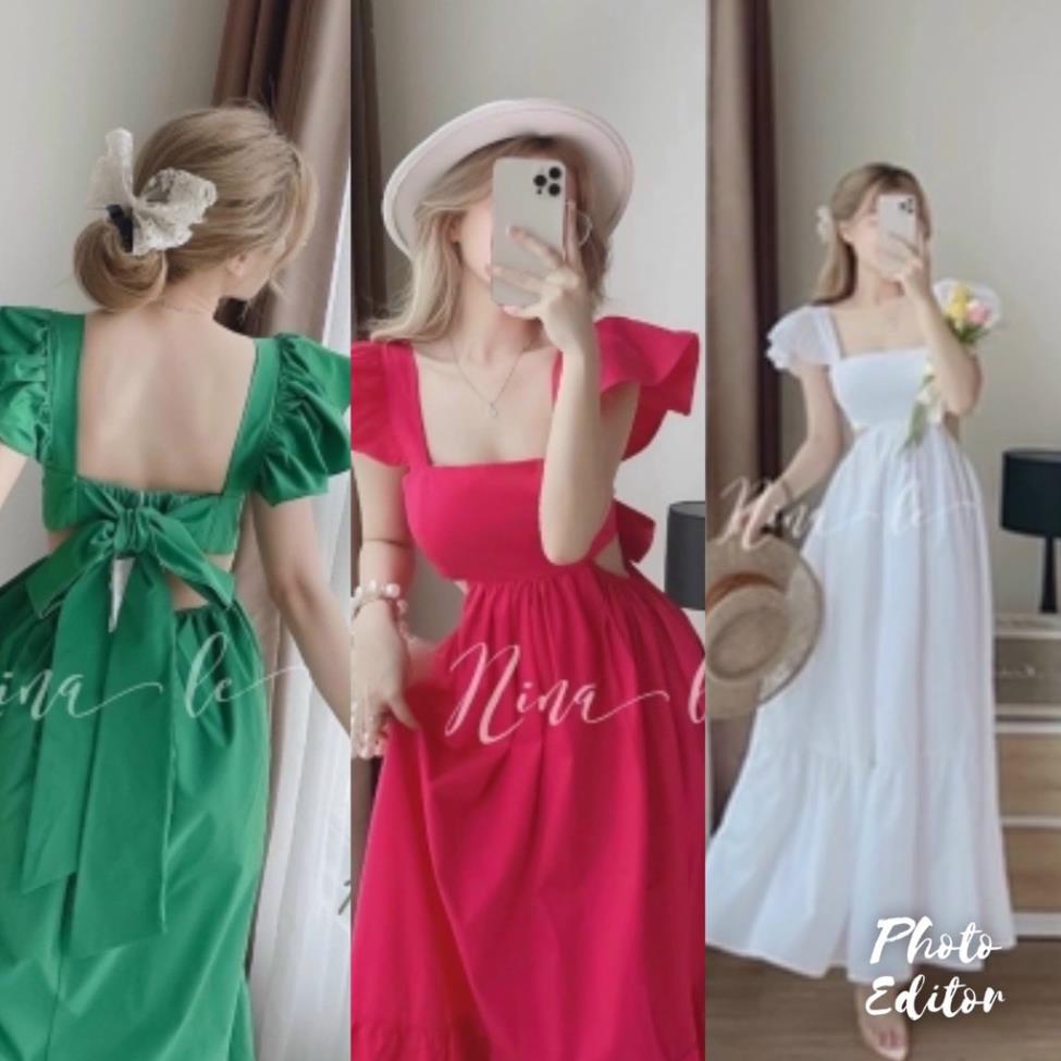 Đầm Maxi Thời Trang Cột Nơ Hở Lưng Thun Sau Bầu Bì Bon Chen Được Có Mút Ngực