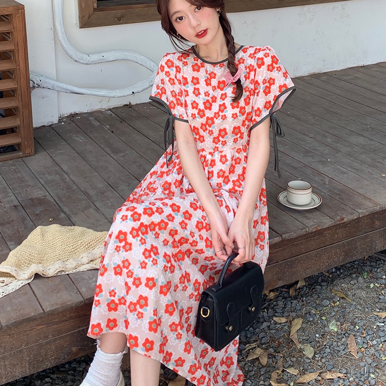 Đầm midi SUXI tay ngắn cổ tròn in họa tiết hoa phong cách cổ điển thời trang mùa hè xinh xắn cho nữ