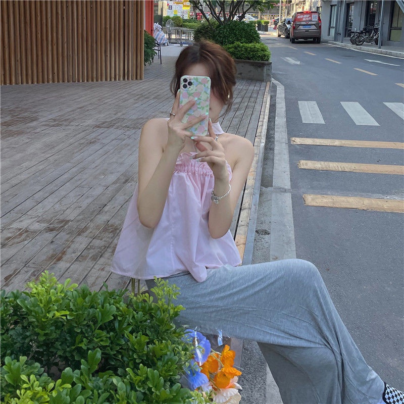 Fashion Halter Strappy Sleeveless Tank Top Loose Slimming Youthful-Looking Sweet Student Top Korean Short Top Student Sling Vest Large Size Women's Clothing