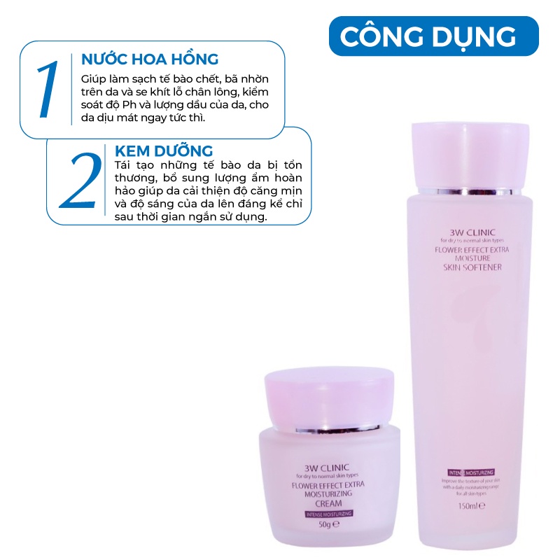 Bộ trắng da - Bộ dưỡng trắng da dưỡng ẩm chiết xuất Hoa Hồng 3W Clinic Hàn Quốc [Nước Hoa Hồng + Kem ]