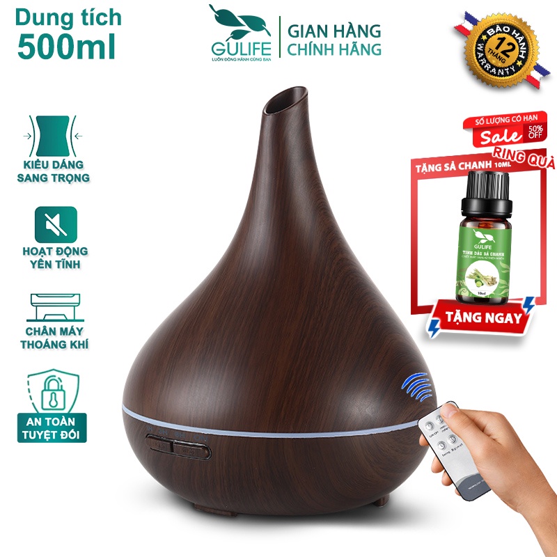 Máy Xông Tinh Dầu Quả Bầu 550ml GULIFE - MKTGL86, Kèm Quà Tặng + Remote, Cân Bằng Độ Ẩm &amp; Làm Thơm Phòng  – BH 12 Tháng