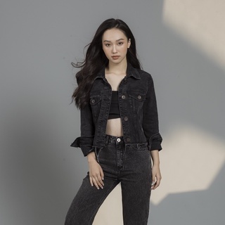 Áo Khoác Jeans Nữ GENVIET Khoác Bò Đen Dáng Lửng Croptop Tay Lỡ Tưa Gấu XK121J1497