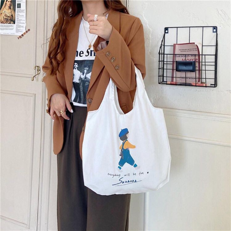 Túi tote vải bố đựng đồ canvas in hình cô gái đội mũ xanh phong cách thời trang Hàn Quốc