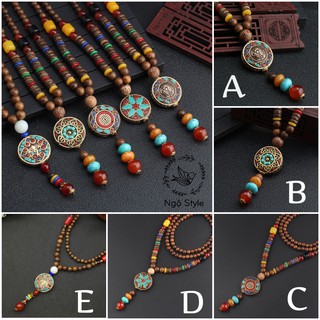 Chuỗi hạt, vòng cổ gỗ muồng vân + hạt bồ đề phong cách Boho Vintage