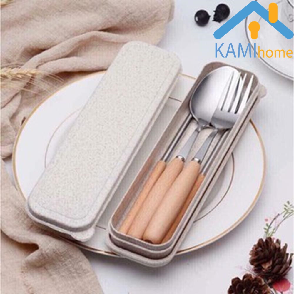 Bộ đũa thìa dĩa inox cán gỗ có hộp đựng cho dã ngoại và văn phòng KM20072