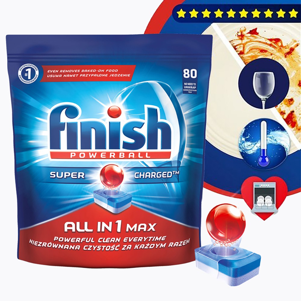 Túi 80 viên rửa chén Finish All In 1 Max Dishwasher Tablets QT025451, Viên nén rửa chén bát