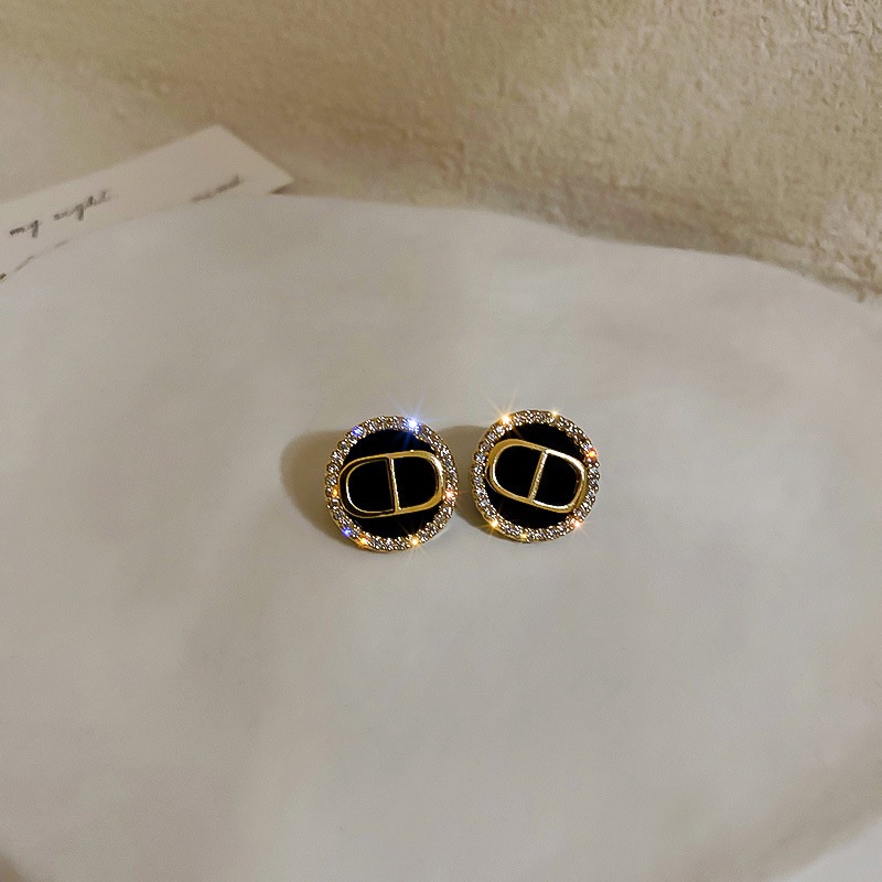 Bông Tai Hình Tròn Màu Bạc/Đen In Chữ CD Phong Cách Hàn Quốc Đơn Giản Thời Trang