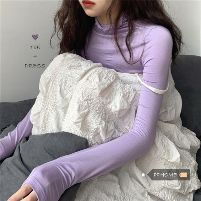 Set áo thun dài tay cổ lọ màu trơn + đầm yếm phong cách Hàn Quốc cho nữ (có bán lẻ)